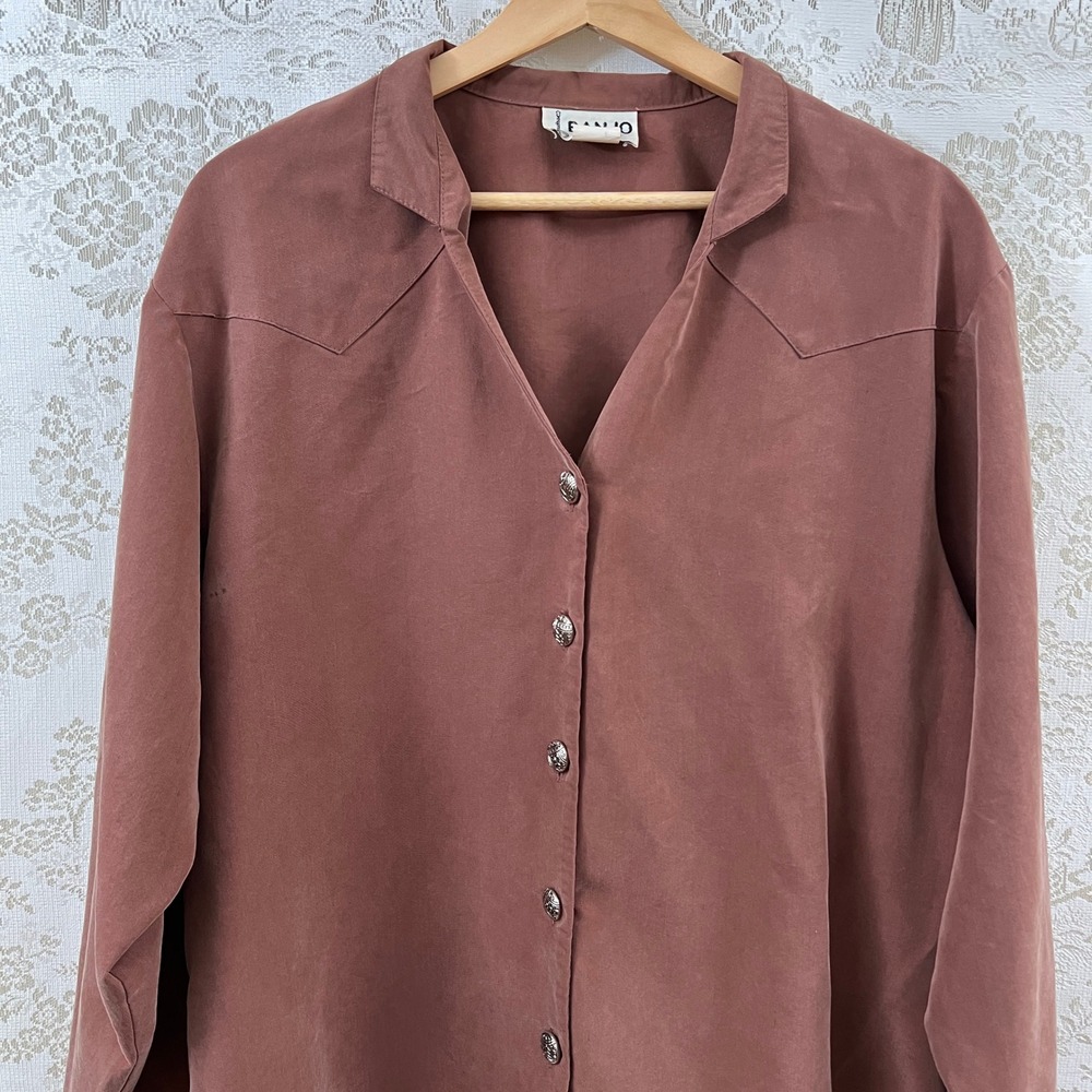 Banjo Shirt Westerncore Vintage Brown Rayon Long Sleeve Button Up Cowgirl Top XL